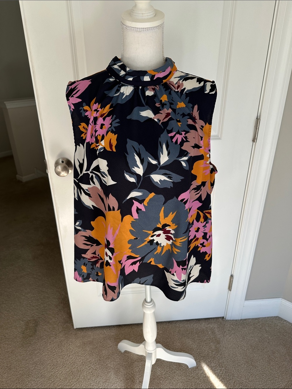 Sleeveless Mock Neck Floral Top - Navy with Pink & Mustard